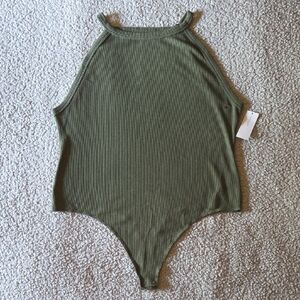 NWT AE Ribbed Waffle High Neck Racerback Bodysuit in Olive